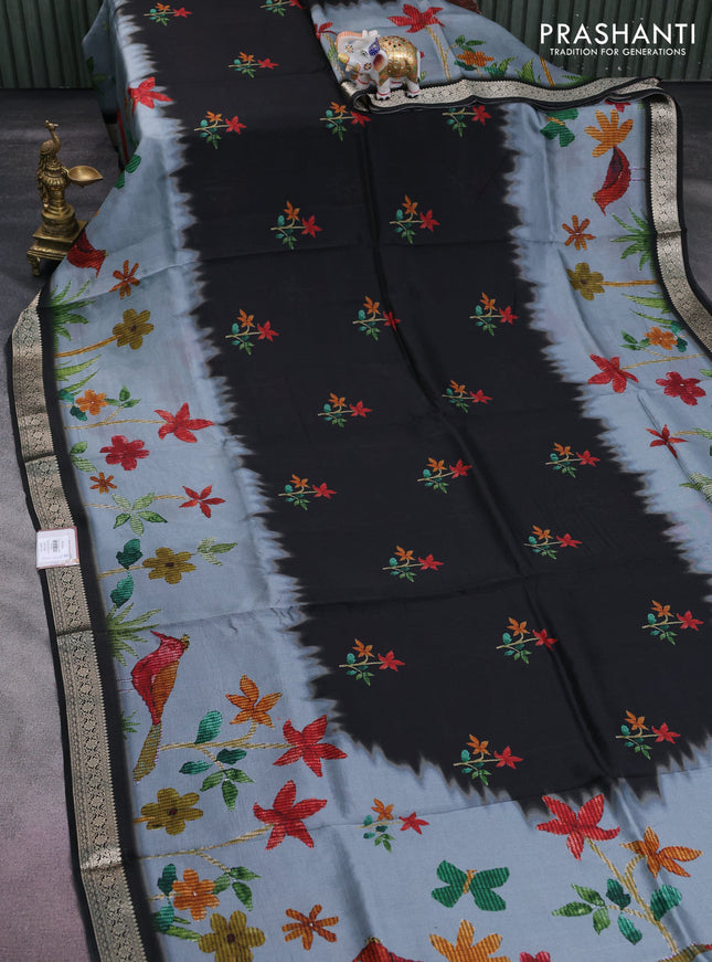 Tussar georgette silk saree black and grey with allover digital prints and zari woven border