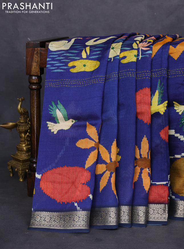 Tussar georgette silk saree blue with allover digital prints and zari woven border