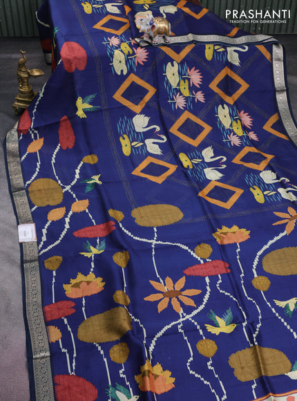 Tussar georgette silk saree blue with allover digital prints and zari woven border