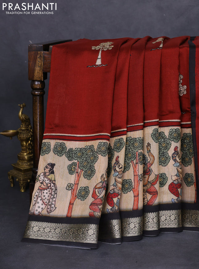 Tussar georgette silk saree maroon and black with allover digital prints and zari woven border
