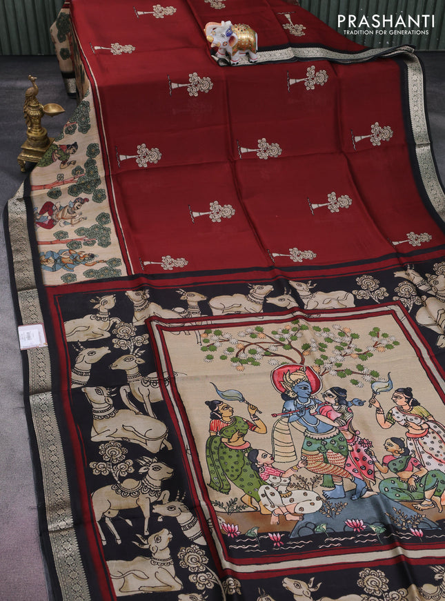 Tussar georgette silk saree maroon and black with allover digital prints and zari woven border