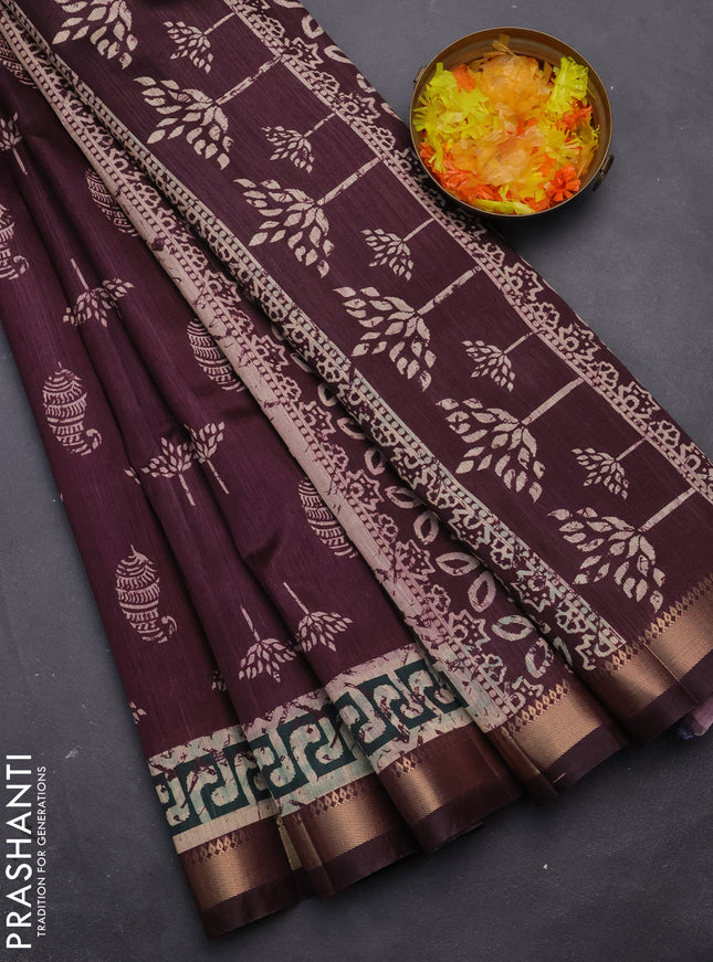 Semi tussar saree deep wine with butta prints and zari woven border