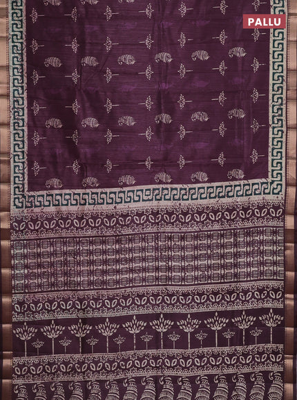 Semi tussar saree deep wine with butta prints and zari woven border