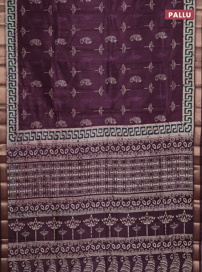 Semi tussar saree deep wine with butta prints and zari woven border