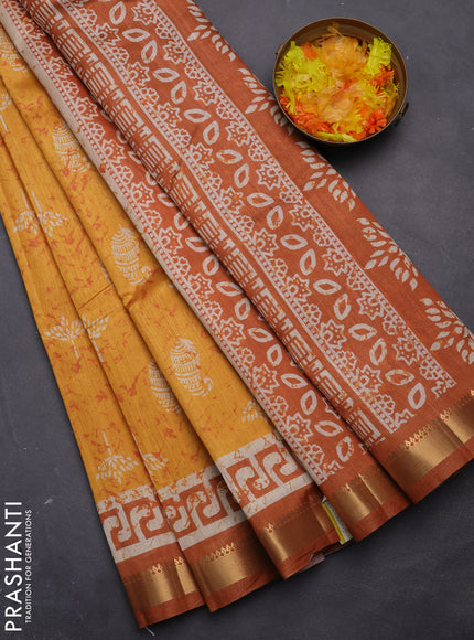Semi tussar saree mustard yellow with butta prints and zari woven border