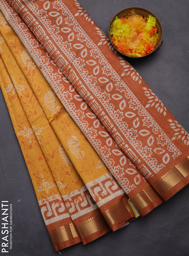 Semi tussar saree mustard yellow with butta prints and zari woven border