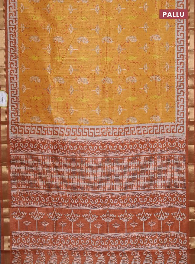 Semi tussar saree mustard yellow with butta prints and zari woven border