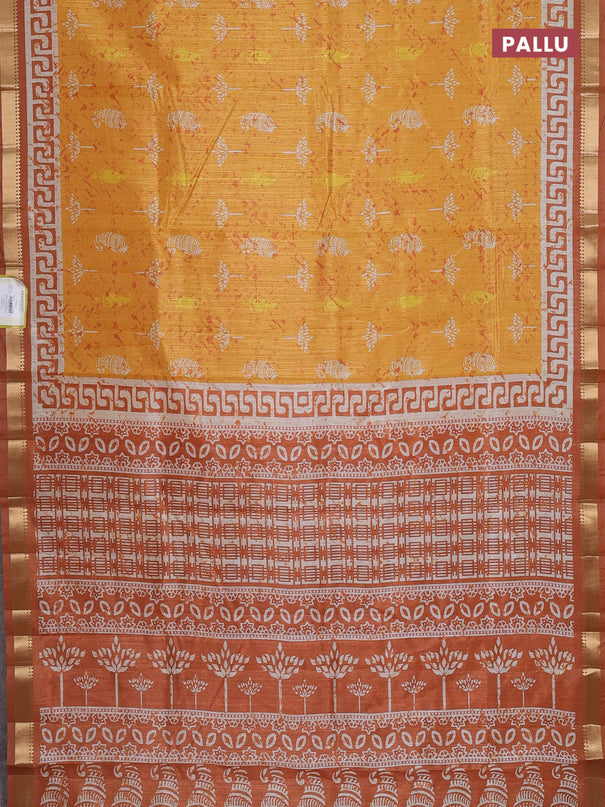 Semi tussar saree mustard yellow with butta prints and zari woven border