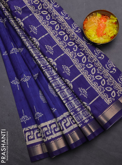 Semi tussar saree blue with butta prints and zari woven border