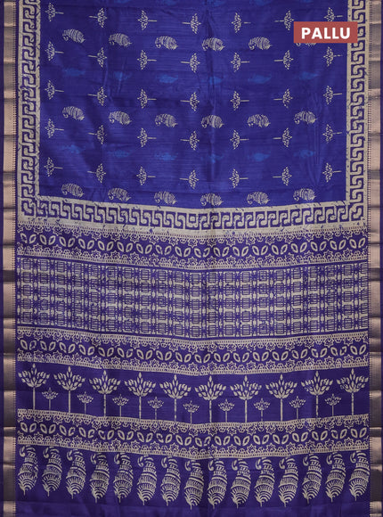 Semi tussar saree blue with butta prints and zari woven border