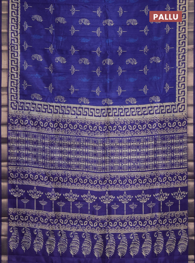 Semi tussar saree blue with butta prints and zari woven border