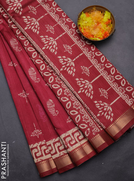 Semi tussar saree maroon with butta prints and zari woven border