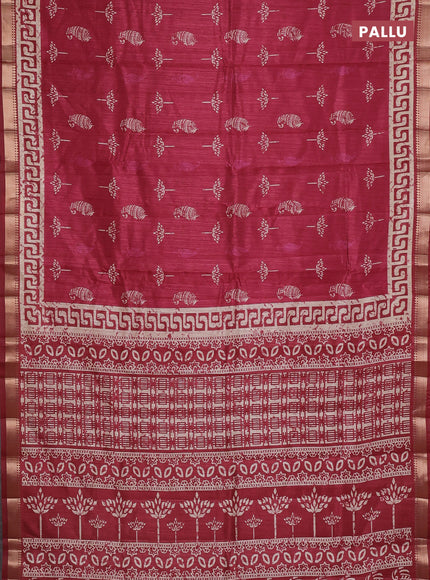 Semi tussar saree maroon with butta prints and zari woven border