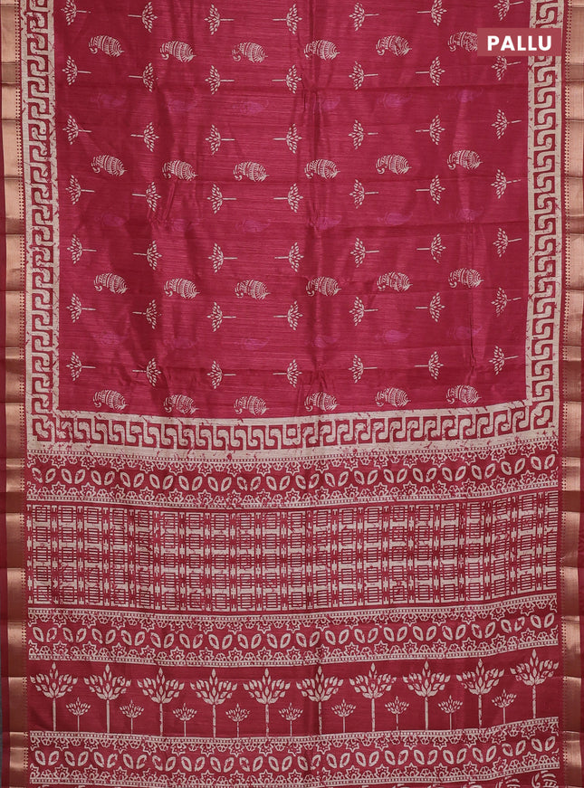 Semi tussar saree maroon with butta prints and zari woven border