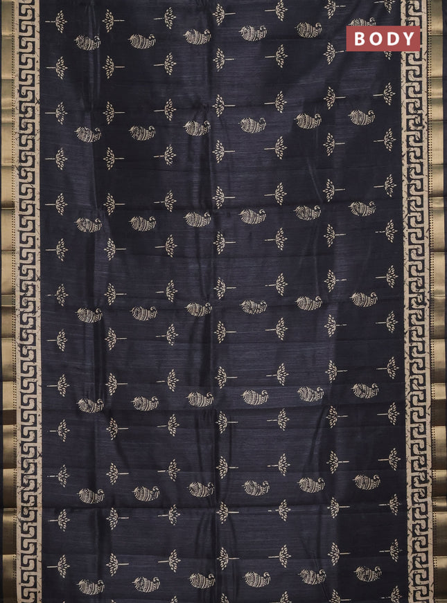 Semi tussar saree black with butta prints and zari woven border