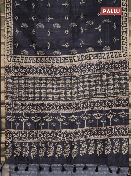 Semi tussar saree black with butta prints and zari woven border