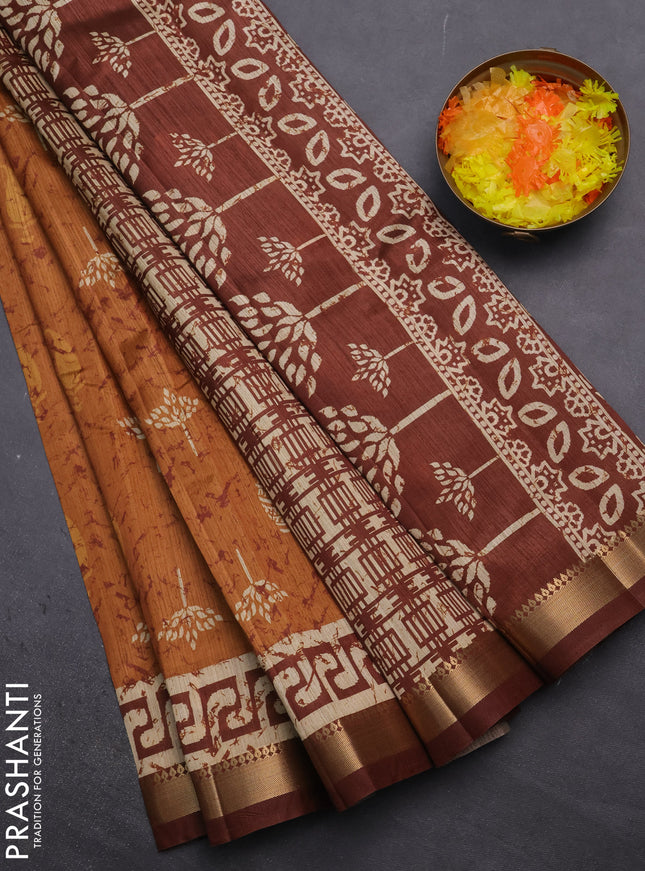 Semi tussar saree mustard yellow with butta prints and zari woven border