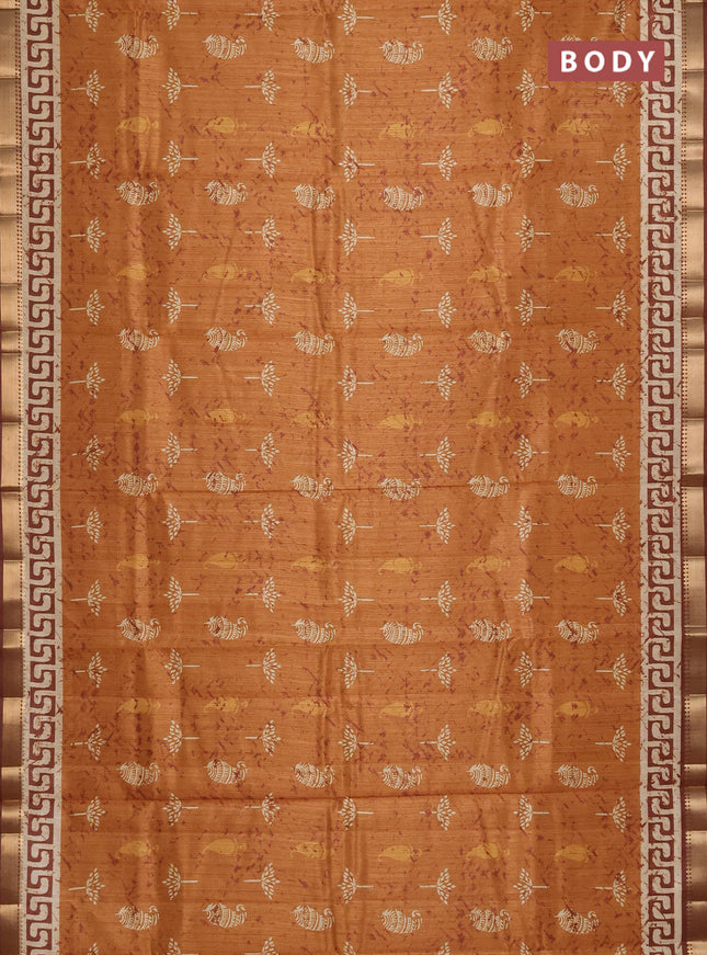 Semi tussar saree mustard yellow with butta prints and zari woven border