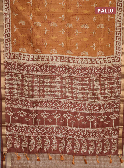 Semi tussar saree mustard yellow with butta prints and zari woven border