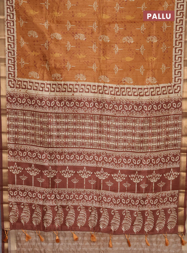 Semi tussar saree mustard yellow with butta prints and zari woven border