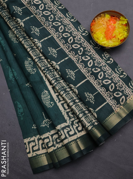Semi tussar saree green with butta prints and zari woven border