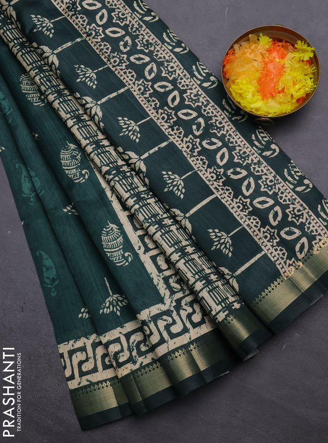 Semi tussar saree green with butta prints and zari woven border