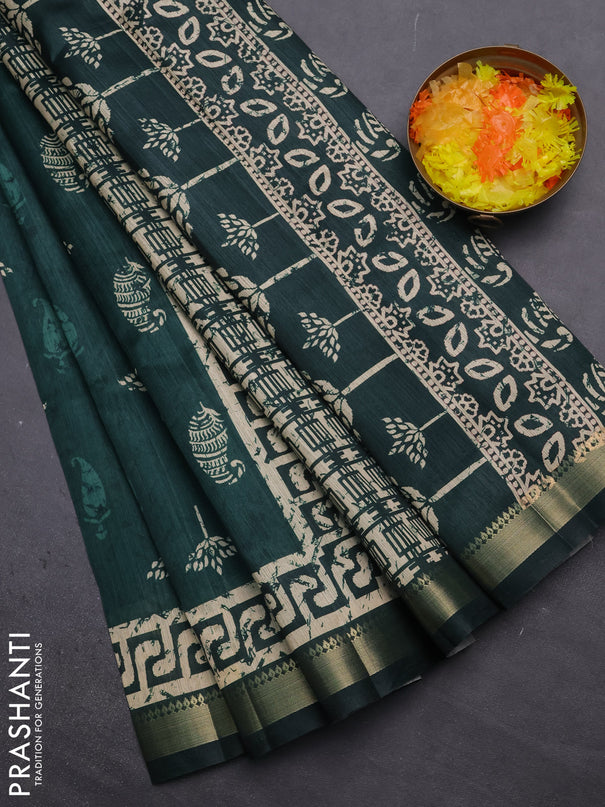 Semi tussar saree green with butta prints and zari woven border