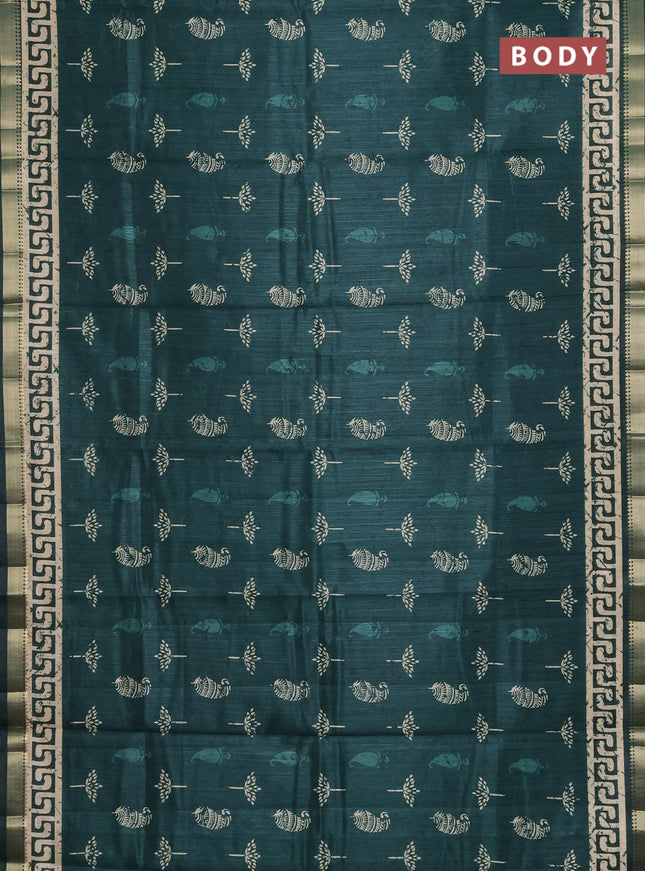 Semi tussar saree green with butta prints and zari woven border