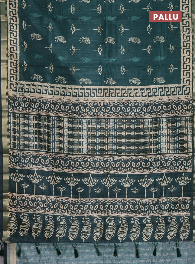 Semi tussar saree green with butta prints and zari woven border