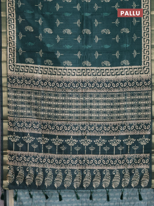 Semi tussar saree green with butta prints and zari woven border