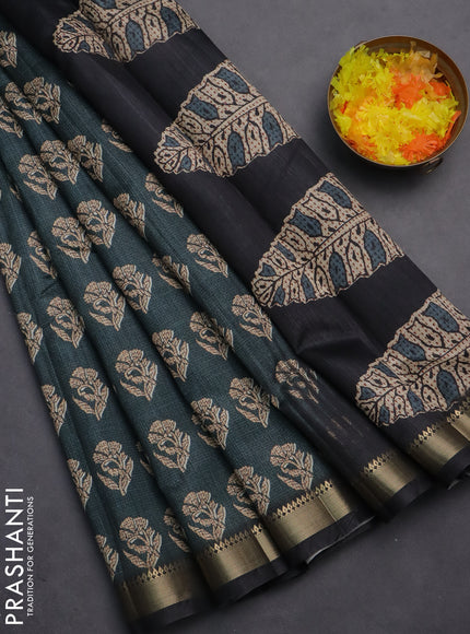 Semi tussar saree dark peacock green and black with butta prints and zari woven border