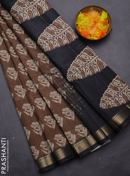 Semi tussar saree brown and black with butta prints and zari woven border