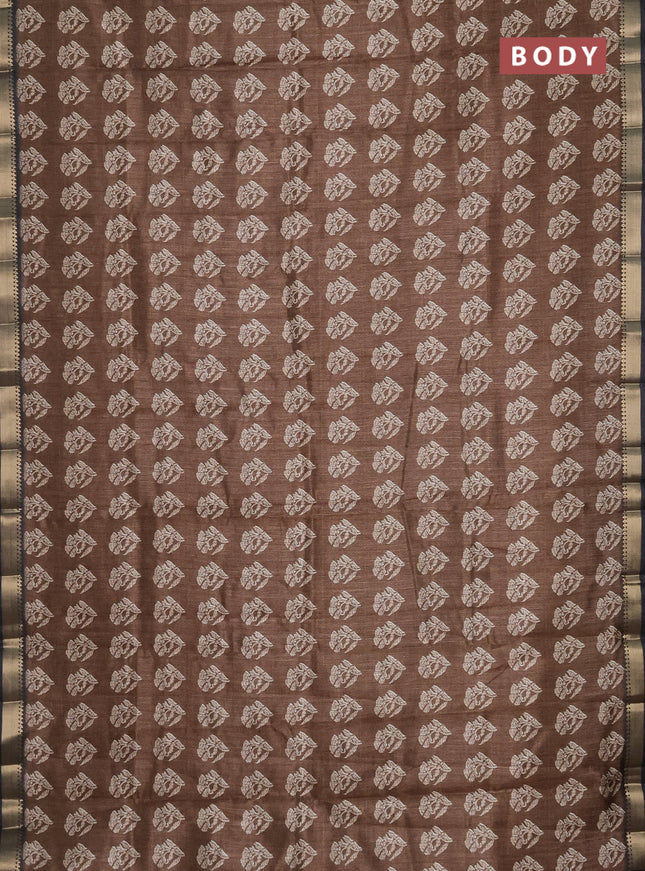 Semi tussar saree brown and black with butta prints and zari woven border