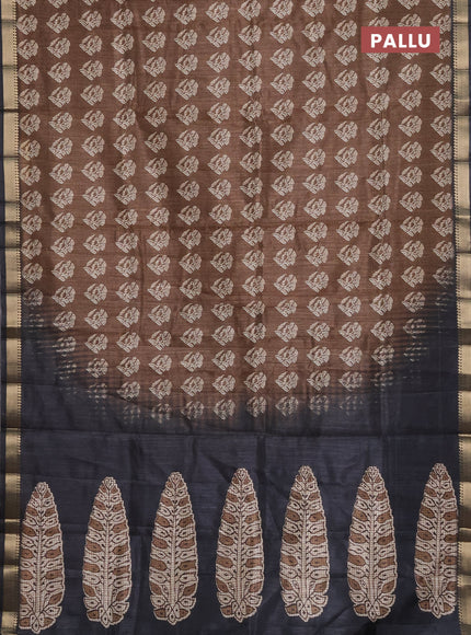Semi tussar saree brown and black with butta prints and zari woven border