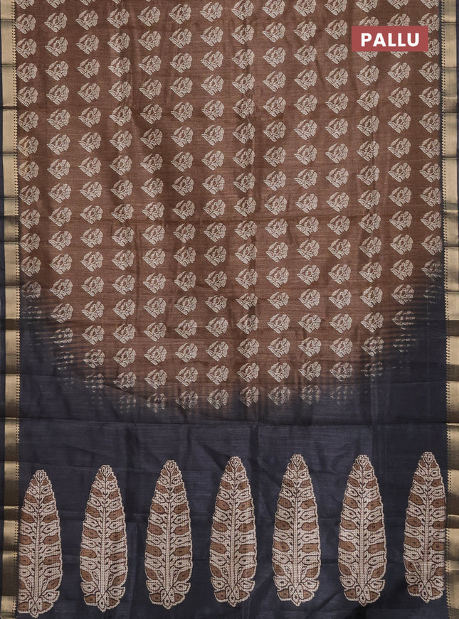 Semi tussar saree brown and black with butta prints and zari woven border