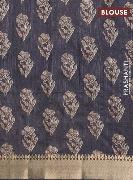 Semi tussar saree brown and black with butta prints and zari woven border