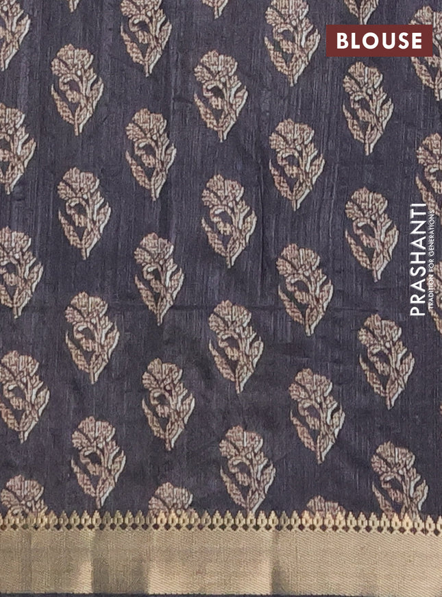 Semi tussar saree brown and black with butta prints and zari woven border
