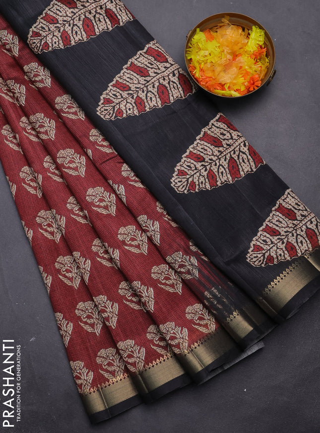 Semi tussar saree maroon and black with butta prints and zari woven border