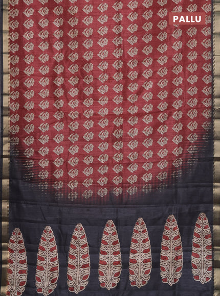 Semi tussar saree maroon and black with butta prints and zari woven border