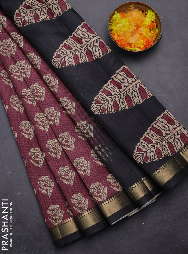 Semi tussar saree dark magenta pink and black with butta prints and zari woven border