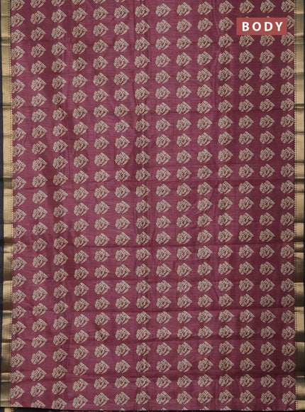 Semi tussar saree dark magenta pink and black with butta prints and zari woven border