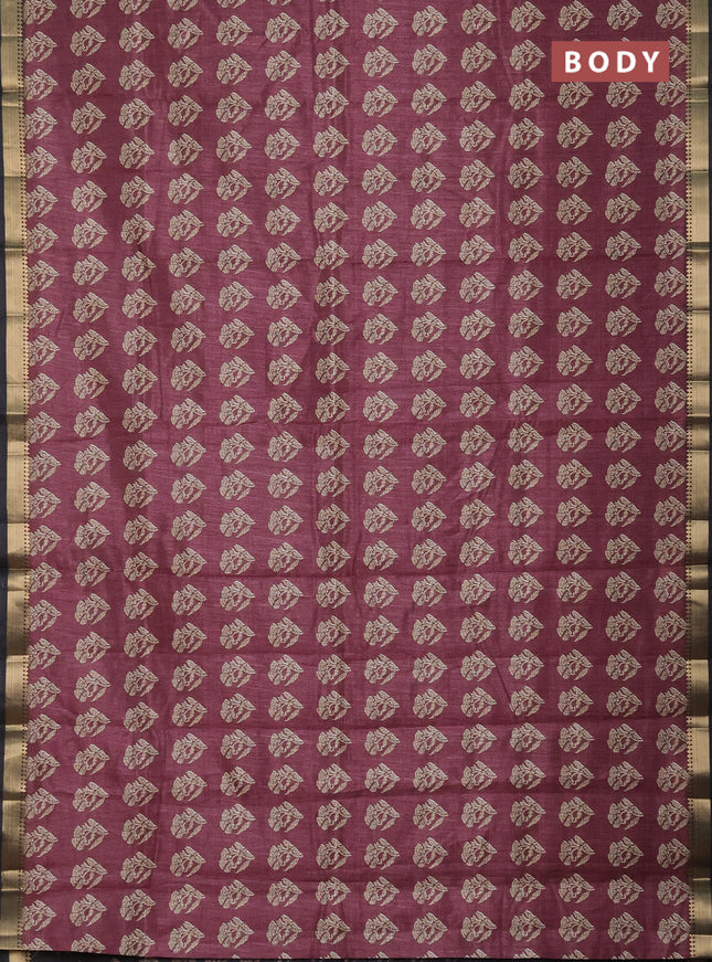 Semi tussar saree dark magenta pink and black with butta prints and zari woven border