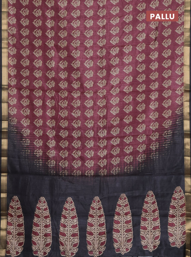 Semi tussar saree dark magenta pink and black with butta prints and zari woven border