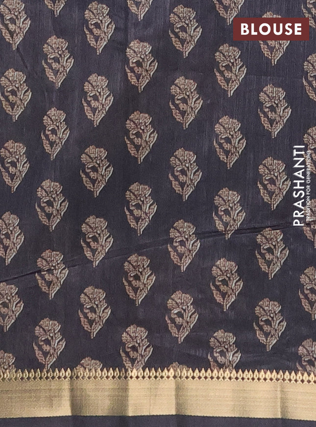 Semi tussar saree dark magenta pink and black with butta prints and zari woven border