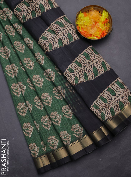 Semi tussar saree green and black with butta prints and zari woven border