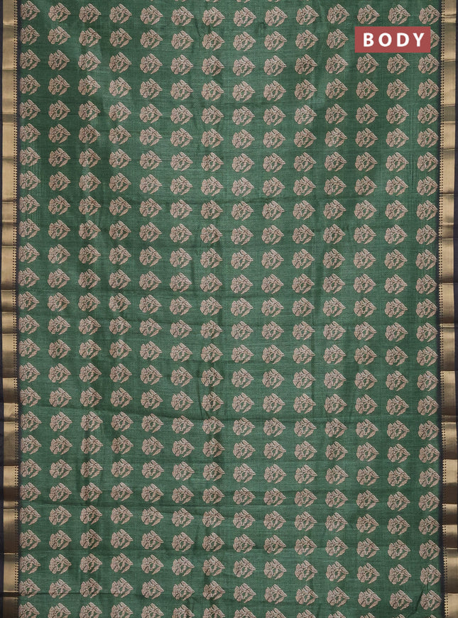 Semi tussar saree green and black with butta prints and zari woven border