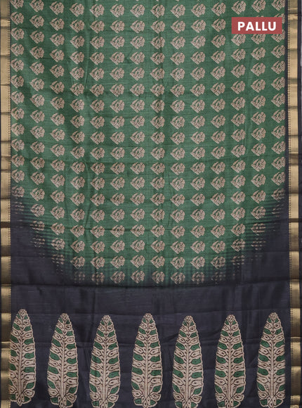 Semi tussar saree green and black with butta prints and zari woven border
