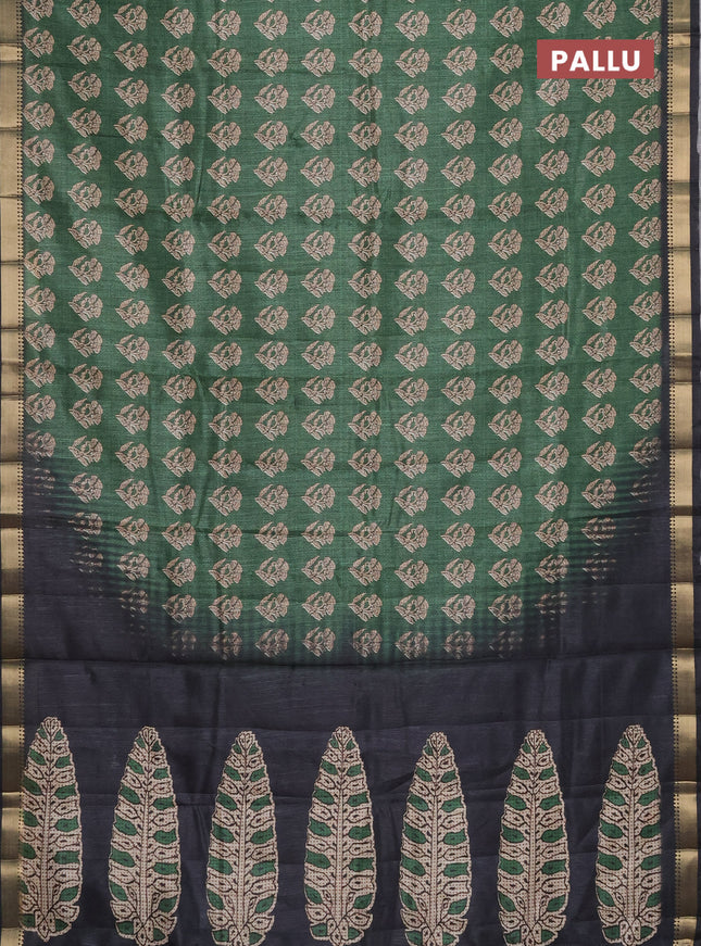 Semi tussar saree green and black with butta prints and zari woven border