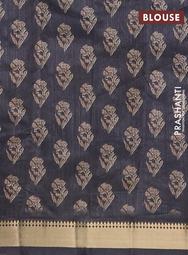 Semi tussar saree green and black with butta prints and zari woven border