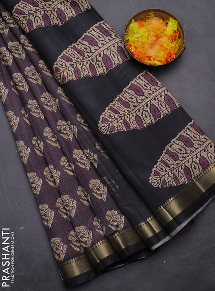 Semi tussar saree deep jamun and elephant grey with butta prints and zari woven border